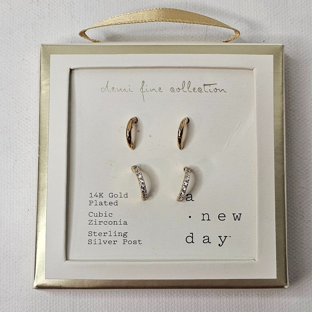 A New Day 14K Gold Plated Earrings Set of 2 Cubic Zirconia Sterling Silver Post